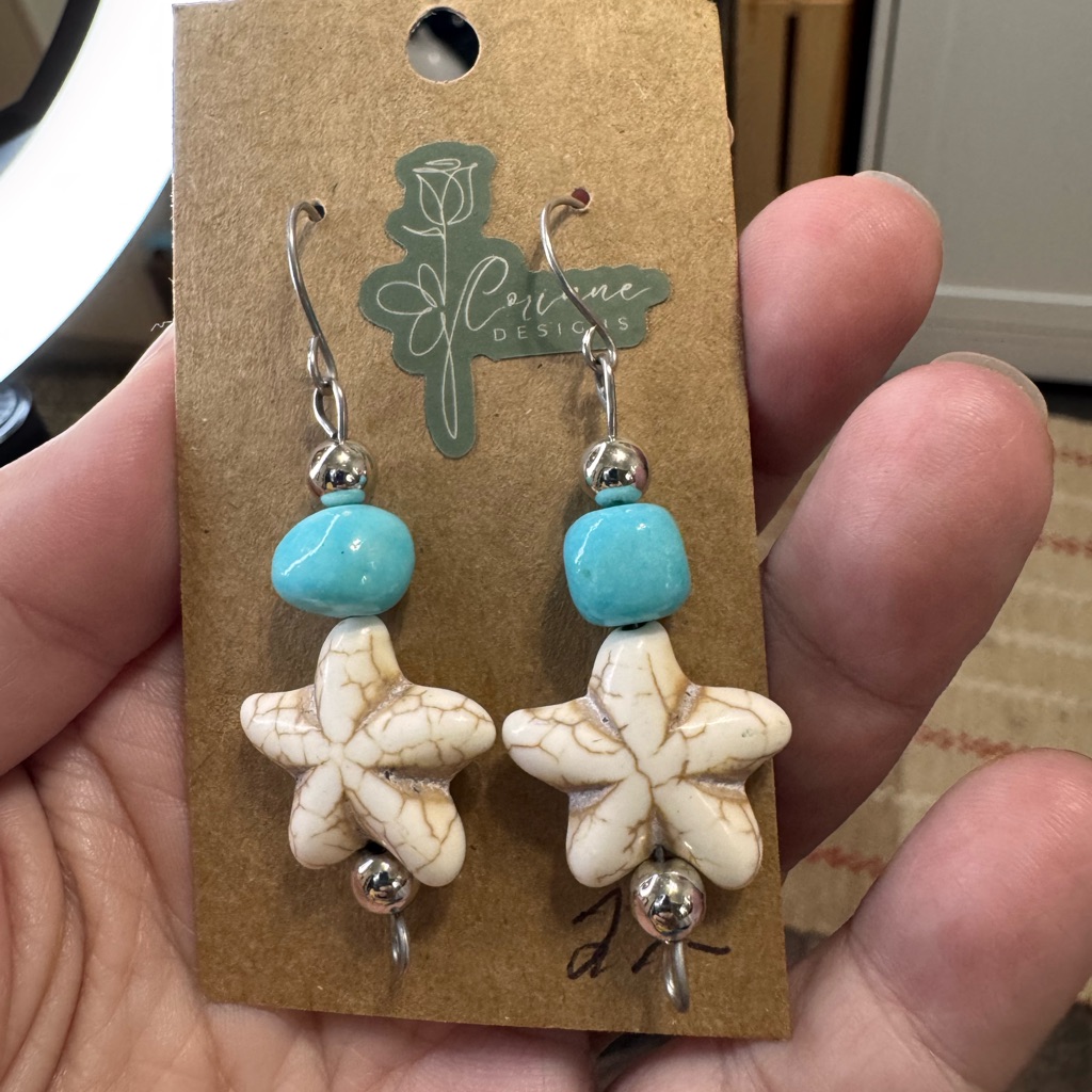 Blue And Cream Starfish Earrings With Shell Charms